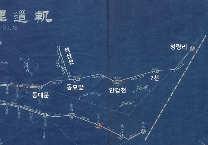 1916년 제작된 전차궤도거리도 한글 음을 덧씌운 것 (출처: 서울역사박물관, 『서울의 전차』, 서울역사박물관, 2019, 99쪽.)