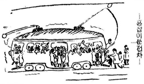 혼잡한 전차 모습을 나타낸 신문 삽화 <출처: 1947년 3월 15일, 『동아일보』>