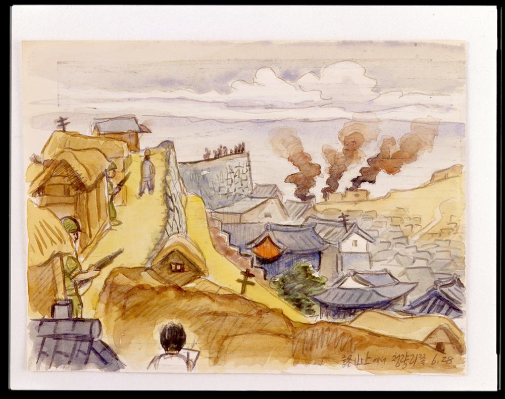 김성환, <6.25스케치 1950년 6월 28일 낙산위에서 청량리쪽>, 1950 